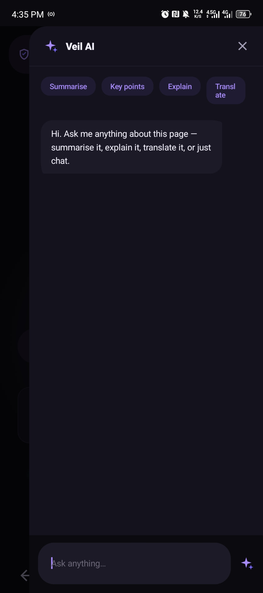Veil AI assistant sidebar with quick actions and a question field