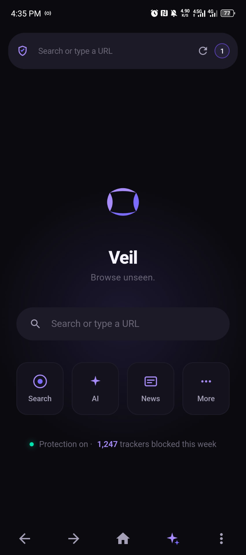 Veil browser home screen showing private search, shortcuts, and tracker protection