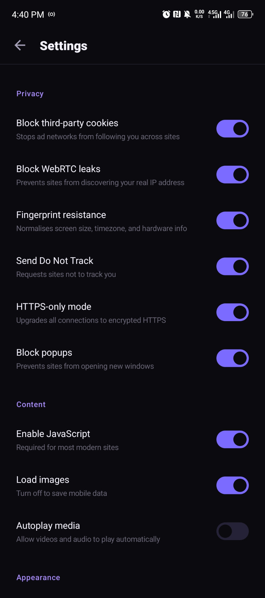 Veil settings showing individual privacy controls